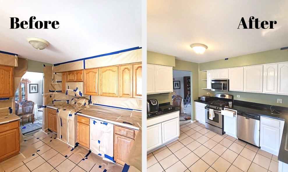 The image shows the before and after of refinished kitchen cabinets with appliances and walls covered in paper to protect them from the refinishing, the before shows light brown wood cabinets and the after shows white painted cabinets with all the paper removed from the appliances.